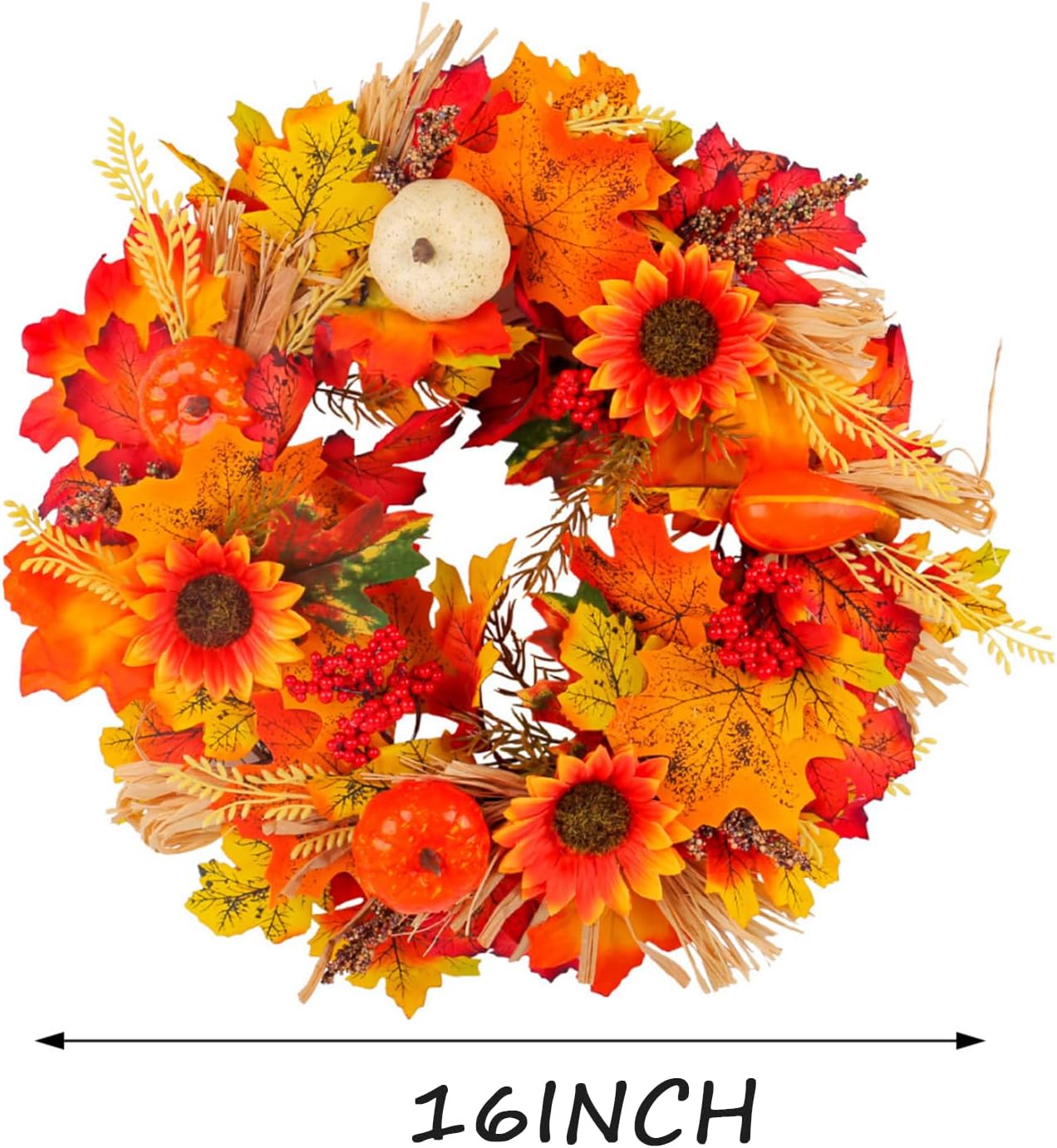 18Inch Fall Sunflower Wreaths, Fall Wreaths for Front Door, Artificial Pumpkins Wreaths, Fall Maple Leaves Wreaths, Artificial Autumn Harvest Wreath for Thanksgiving Day Indoor Outdoor Decorations