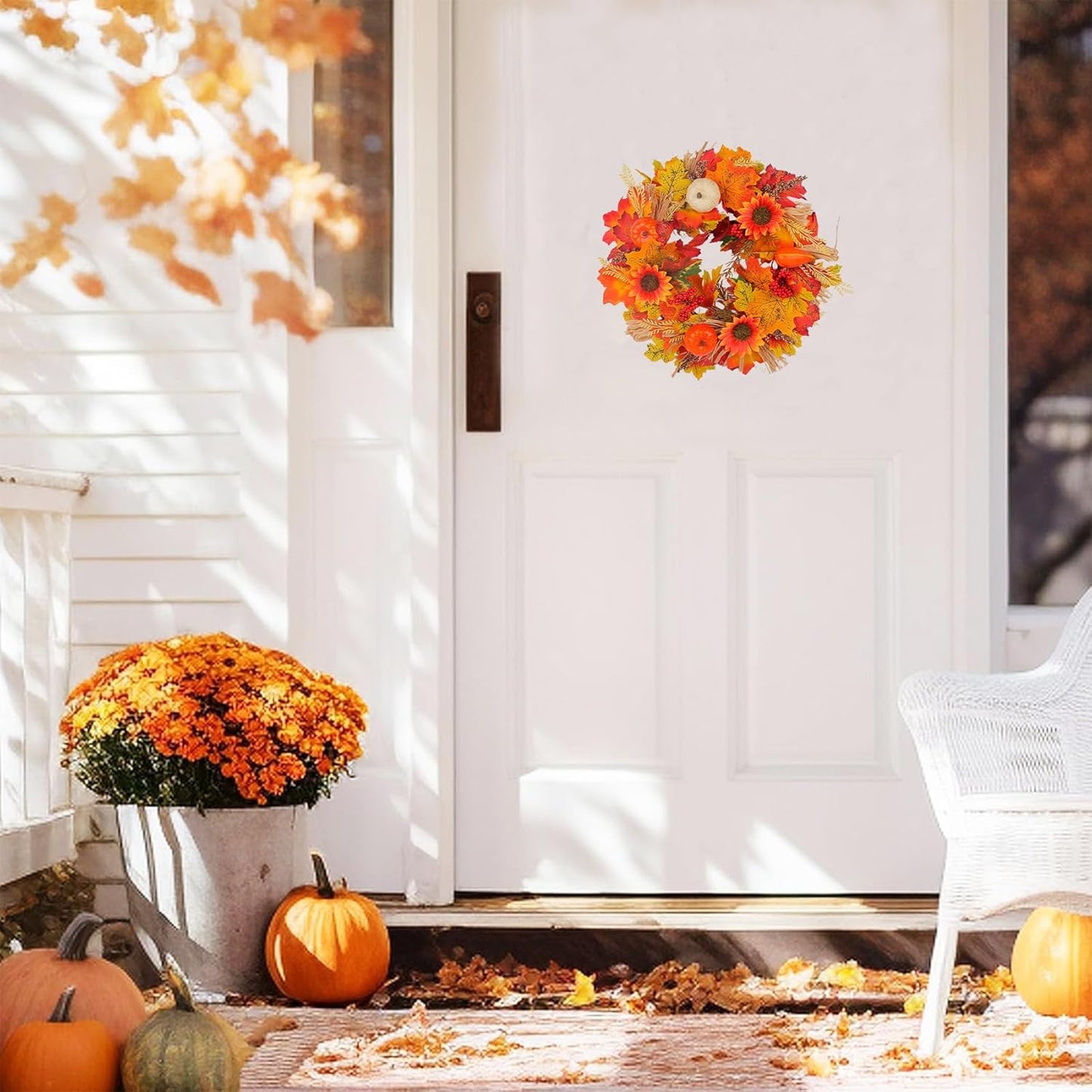 18Inch Fall Sunflower Wreaths, Fall Wreaths for Front Door, Artificial Pumpkins Wreaths, Fall Maple Leaves Wreaths, Artificial Autumn Harvest Wreath for Thanksgiving Day Indoor Outdoor Decorations