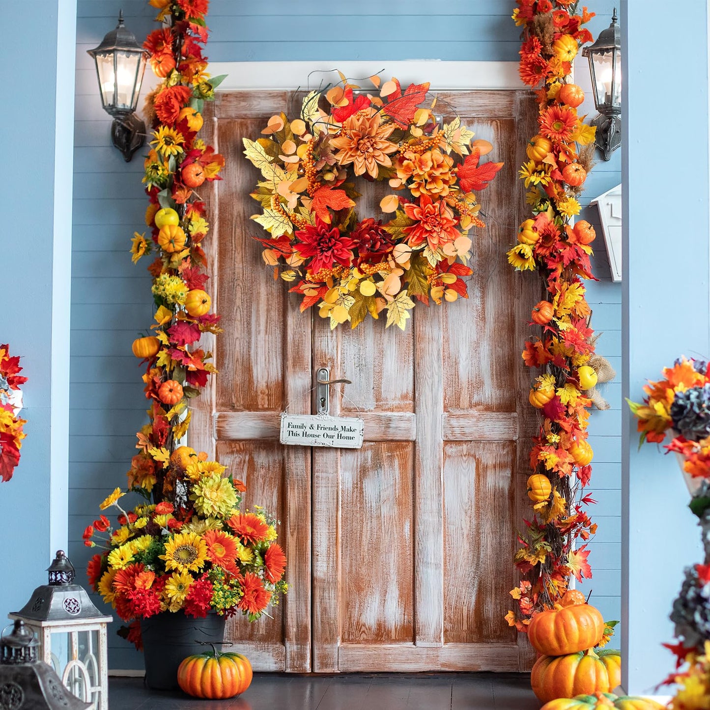 24 Inch Fall Front Foor Wreath, Orange Berries Leaves Grapevine Wreath for Farmhouse Window Hanging Home Decor