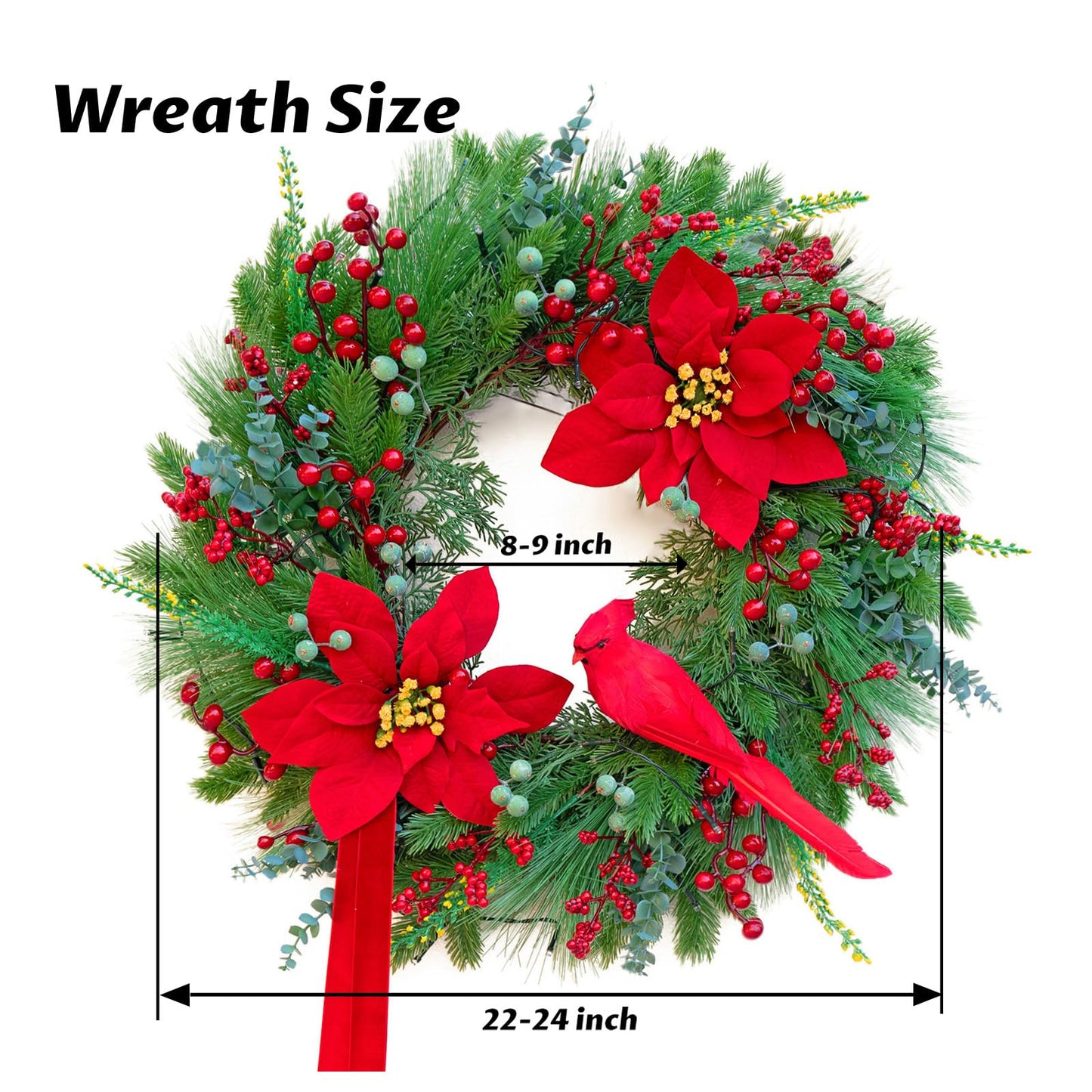 Christmas Wreaths for Front Door 24 Inch Christmas Door Wreath Outdoor Winter Wreath with Red Flowers and Cardinal,Green Evergreen Pine Needles Red Berries Wreath