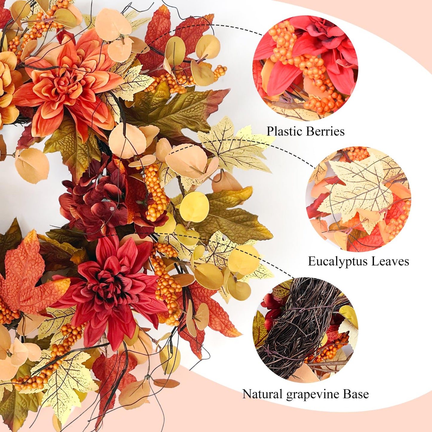 24 Inch Fall Front Foor Wreath, Orange Berries Leaves Grapevine Wreath for Farmhouse Window Hanging Home Decor