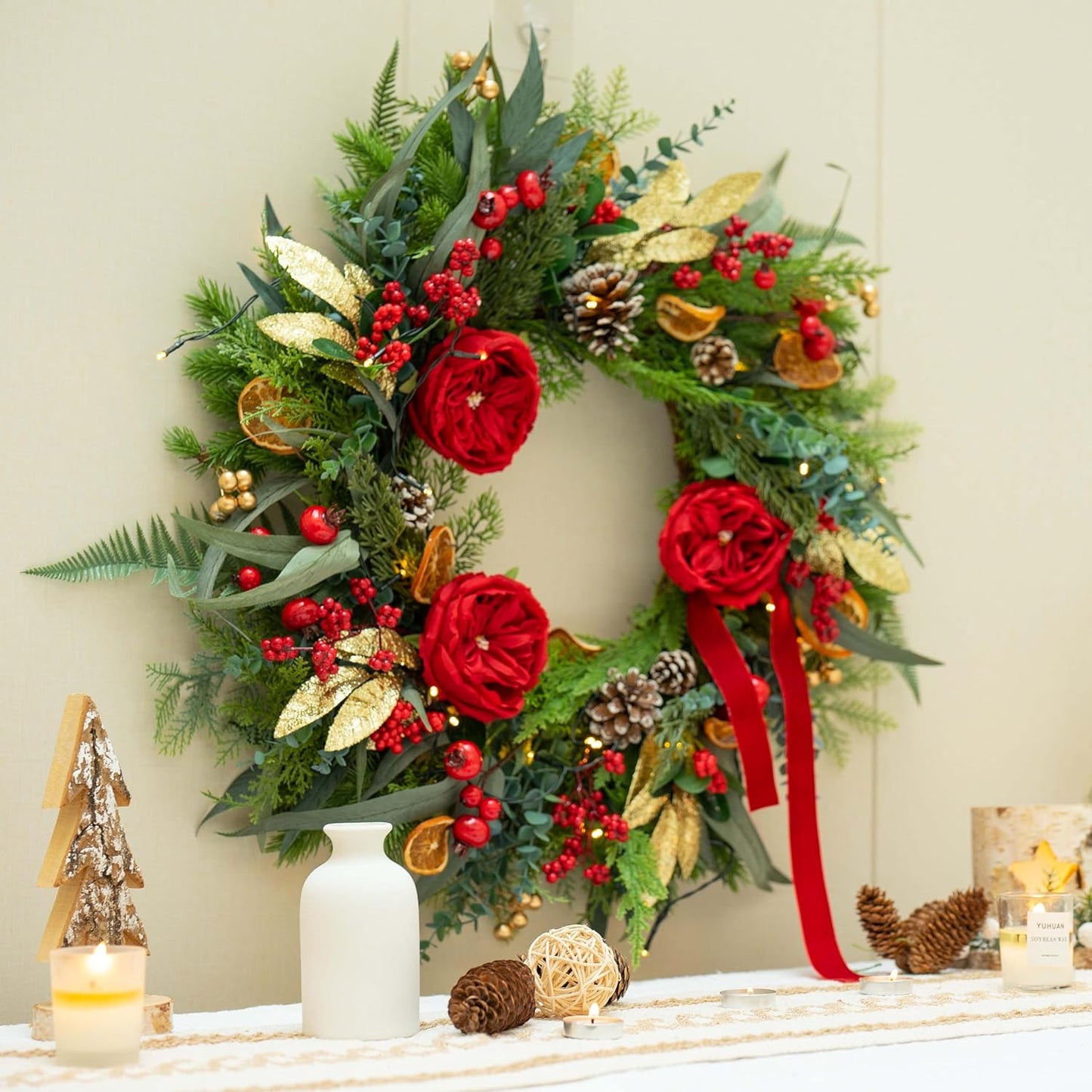 Christmas Wreaths for Front Door 24 Inch Outdoor Xmas Wreath Artificial Green Eucalyptus Olive Leaves Winter Door Wreath with Pine Cones,Peony Flowers and Red Berries- Holiday Wreath Decor