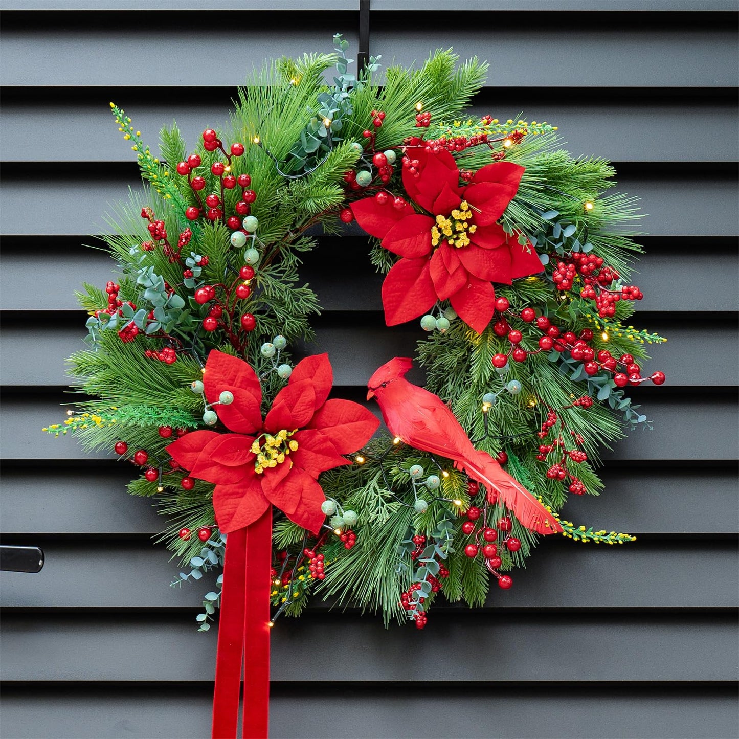 Christmas Wreaths for Front Door 24 Inch Christmas Door Wreath Outdoor Winter Wreath with Red Flowers and Cardinal,Green Evergreen Pine Needles Red Berries Wreath