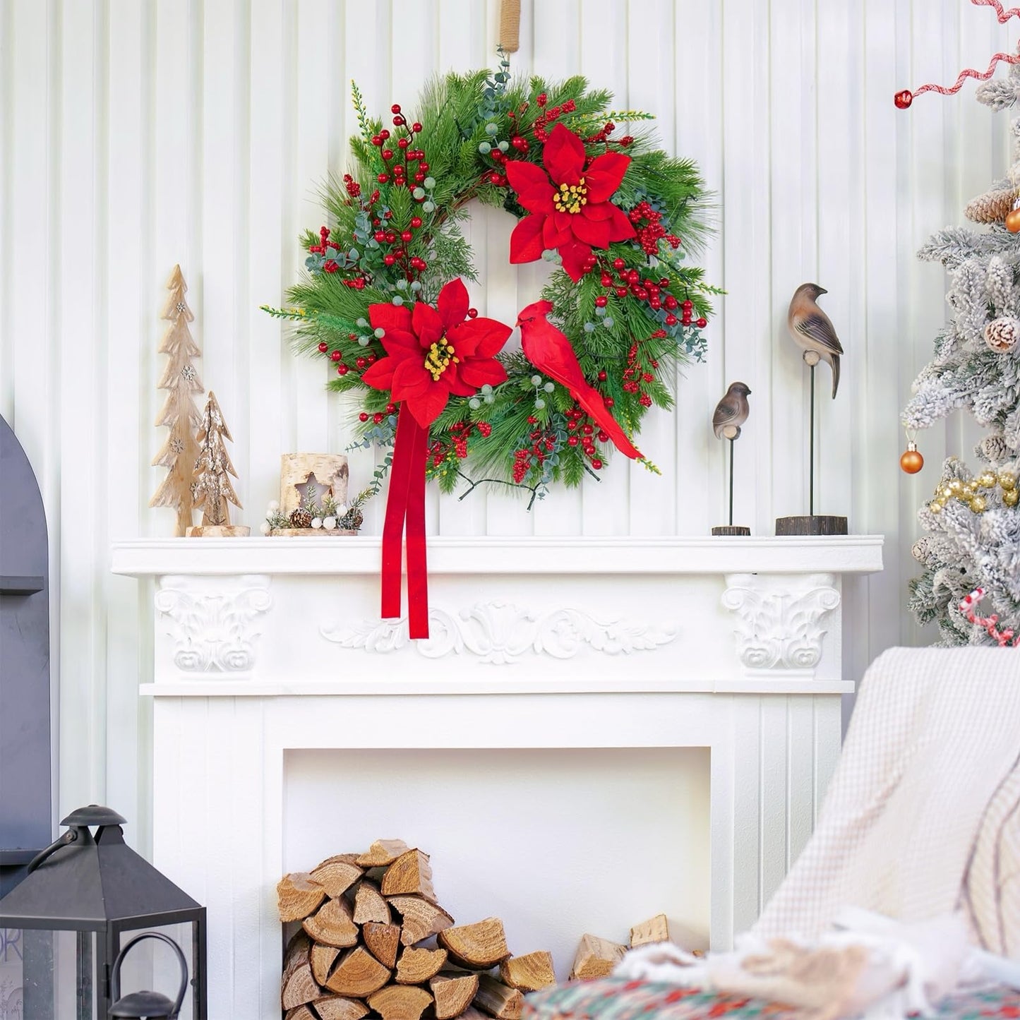 Christmas Wreaths for Front Door 24 Inch Christmas Door Wreath Outdoor Winter Wreath with Red Flowers and Cardinal,Green Evergreen Pine Needles Red Berries Wreath