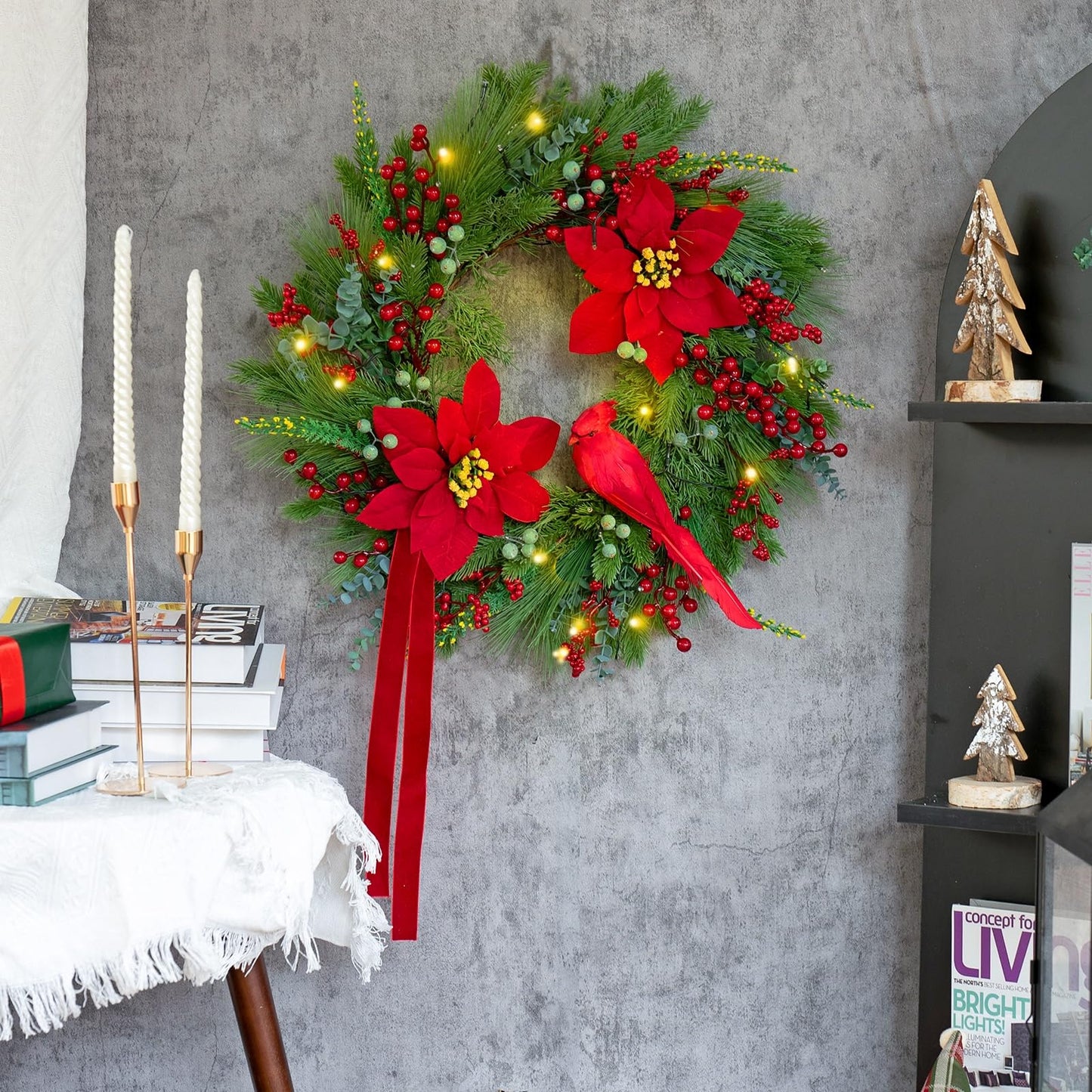 Christmas Wreaths for Front Door 24 Inch Christmas Door Wreath Outdoor Winter Wreath with Red Flowers and Cardinal,Green Evergreen Pine Needles Red Berries Wreath