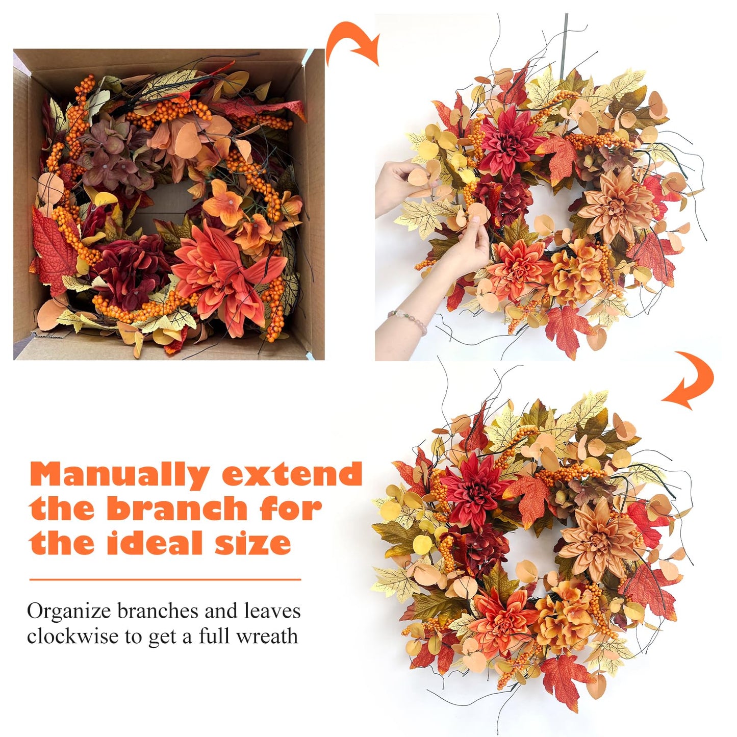 24 Inch Fall Front Foor Wreath, Orange Berries Leaves Grapevine Wreath for Farmhouse Window Hanging Home Decor