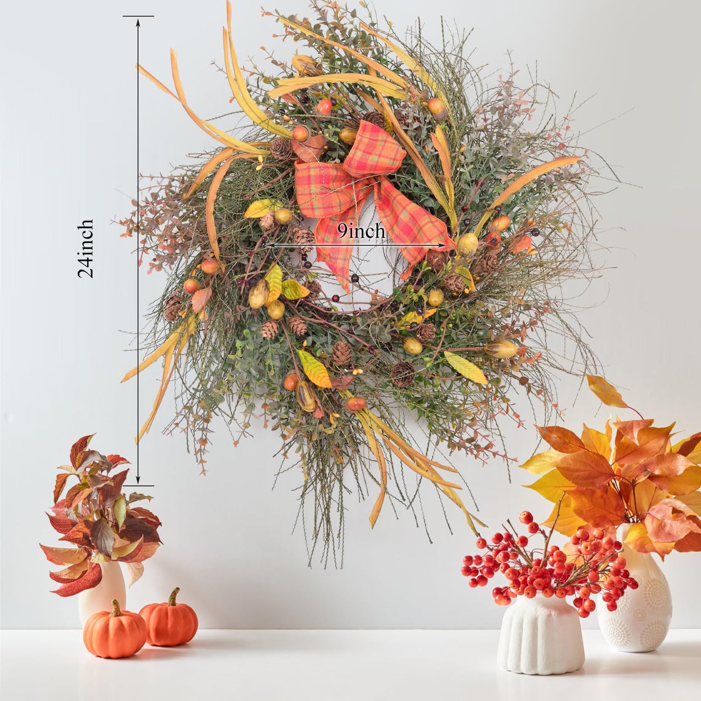 24 Inch Fall Front Foor Wreath, Orange Berries Leaves Grapevine Wreath for Farmhouse Window Hanging Home Decor