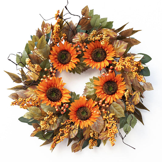 Fall Wreaths for Front Door 20 Inch- Artificial Silk Autumn Sunflower Wreath,Full&Realistic Fall Door Wreath with Fall Leaves and Yellow Berries- Indoor Outdoor Farmhouse Home Harvest Decor