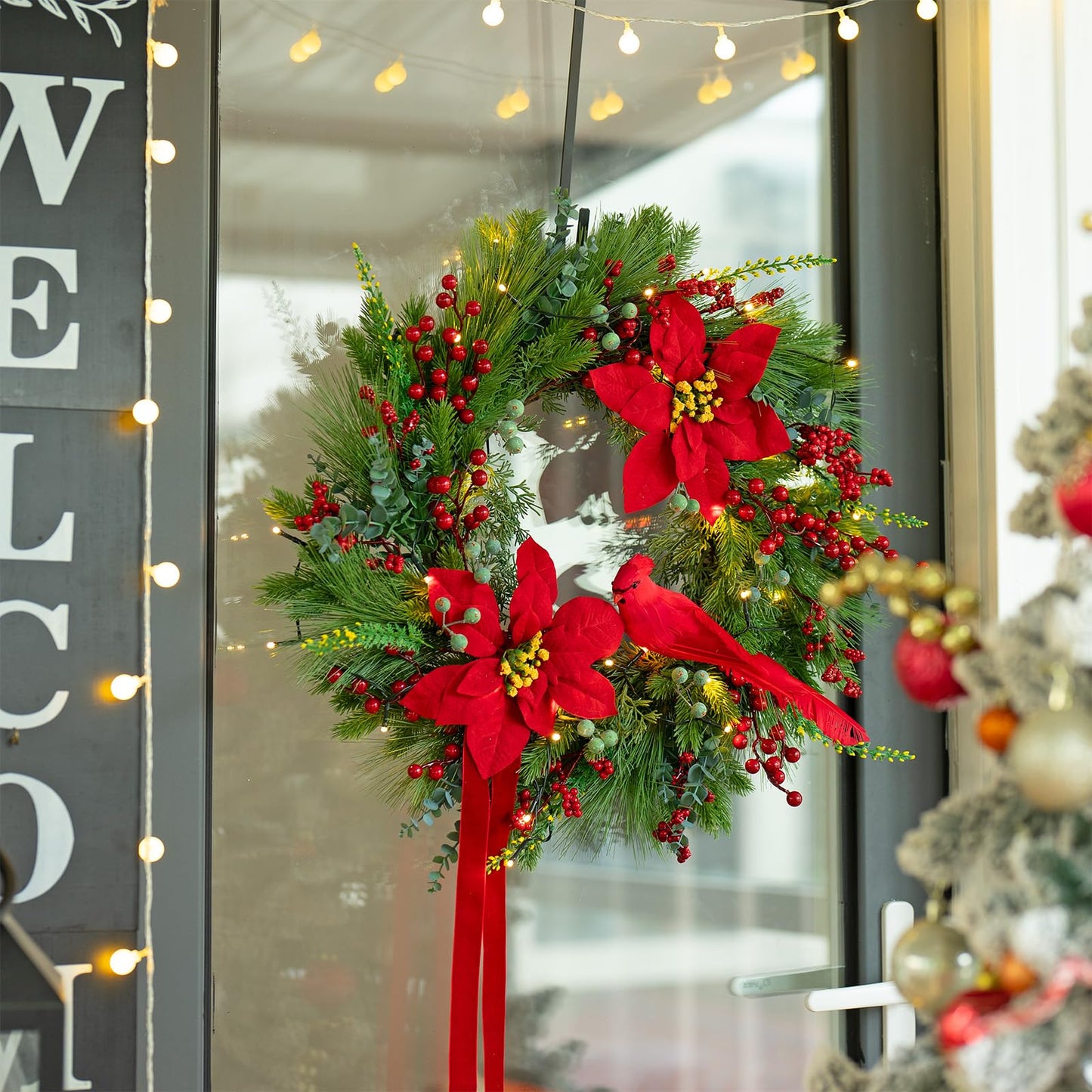 Christmas Wreaths for Front Door 24 Inch Christmas Door Wreath Outdoor Winter Wreath with Red Flowers and Cardinal,Green Evergreen Pine Needles Red Berries Wreath