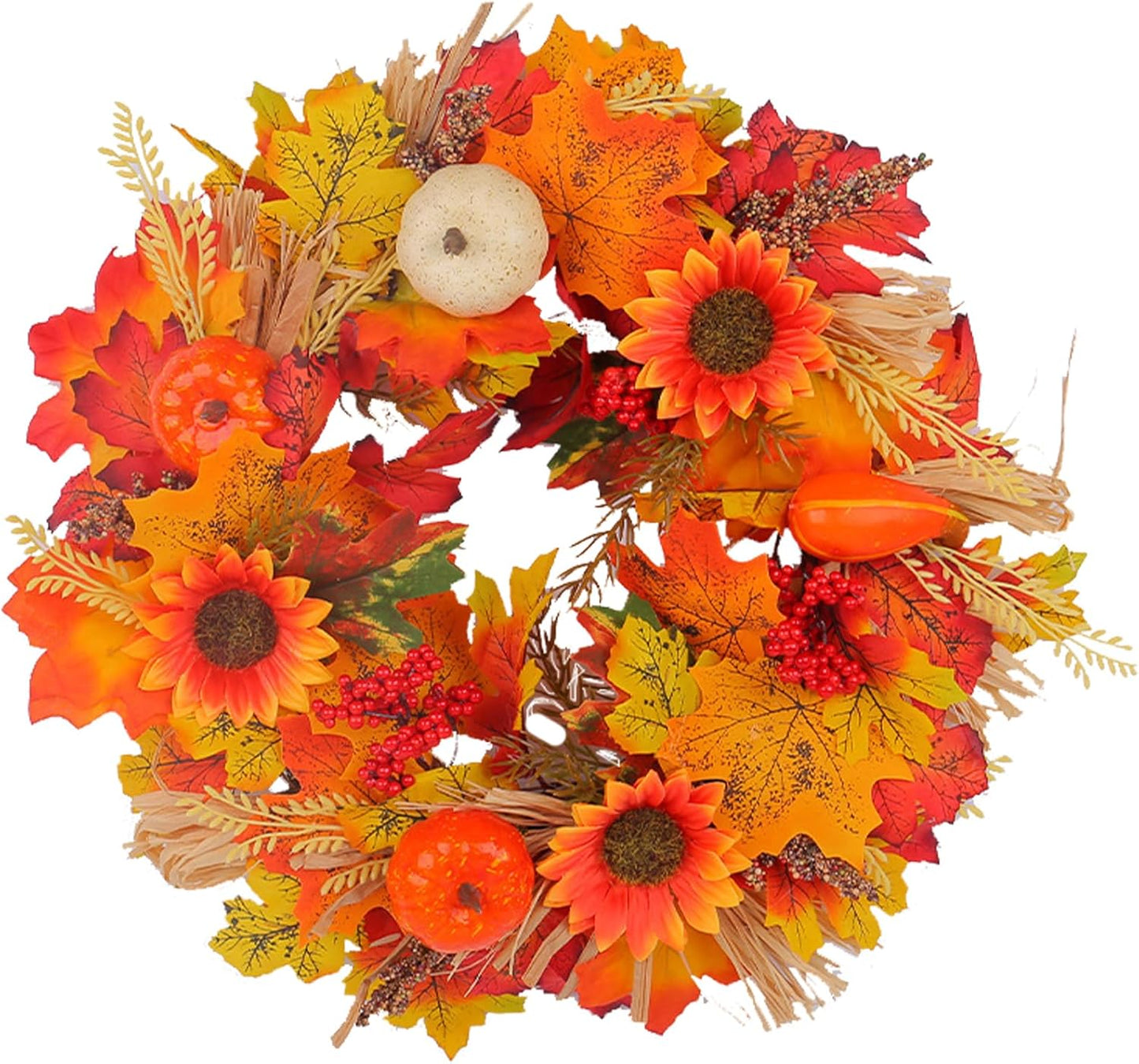 18Inch Fall Sunflower Wreaths, Fall Wreaths for Front Door, Artificial Pumpkins Wreaths, Fall Maple Leaves Wreaths, Artificial Autumn Harvest Wreath for Thanksgiving Day Indoor Outdoor Decorations