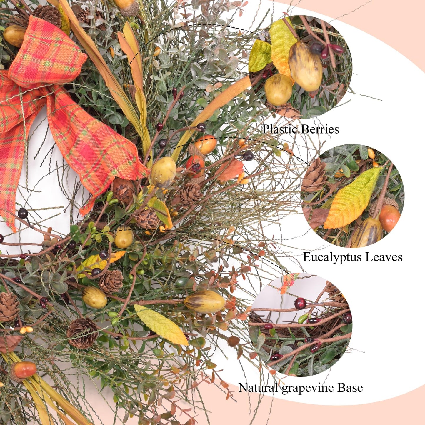 24 Inch Fall Front Foor Wreath, Orange Berries Leaves Grapevine Wreath for Farmhouse Window Hanging Home Decor