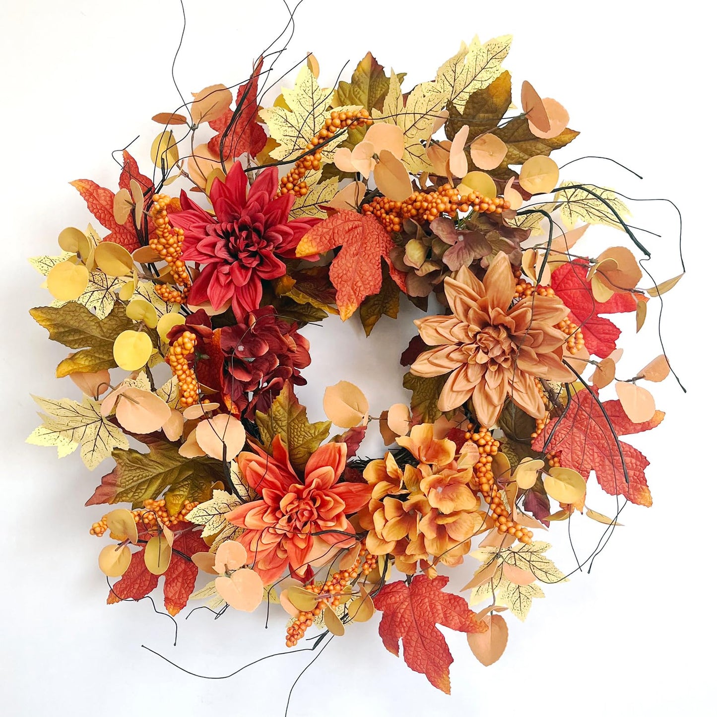 24 Inch Fall Front Foor Wreath, Orange Berries Leaves Grapevine Wreath for Farmhouse Window Hanging Home Decor