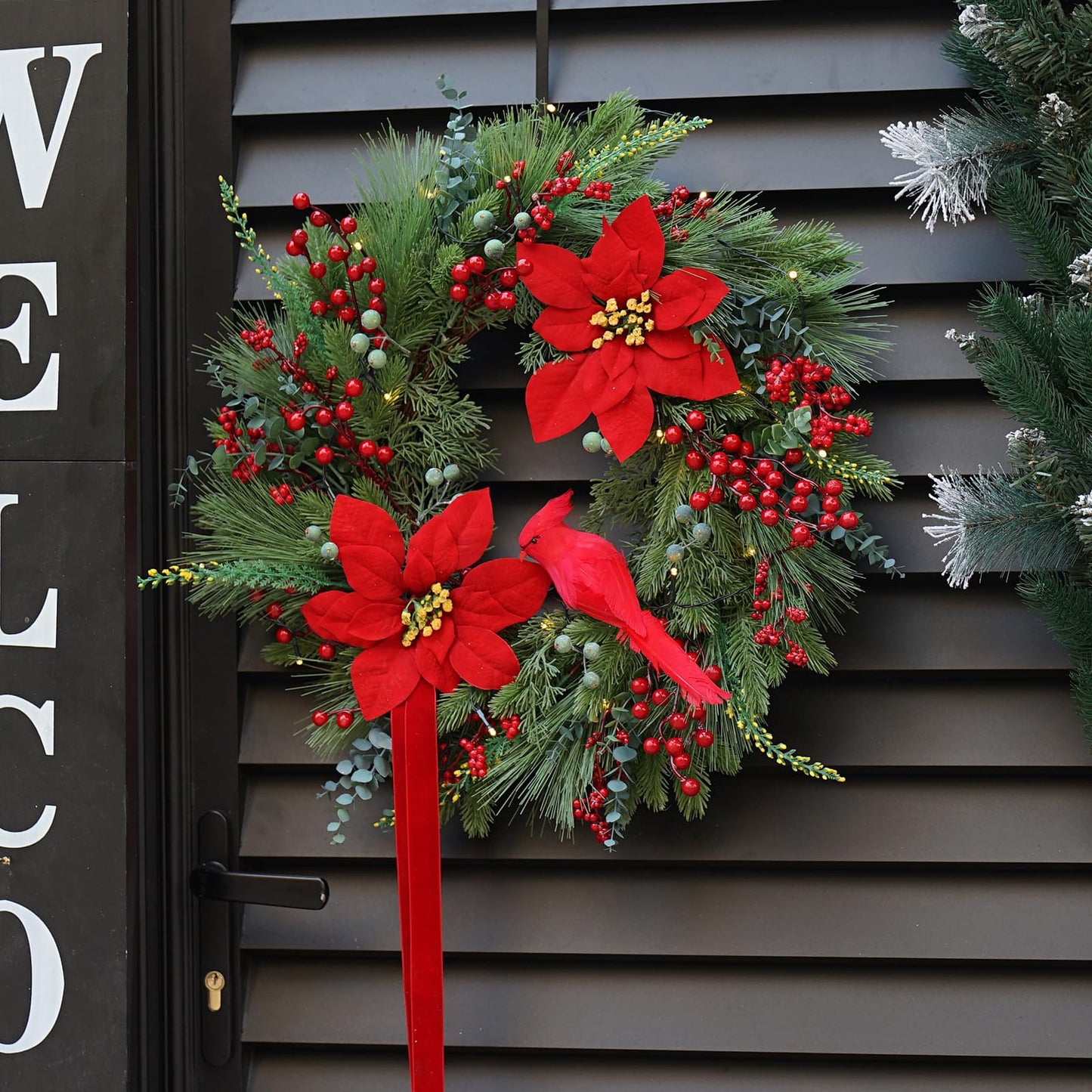 Christmas Wreaths for Front Door 24 Inch Christmas Door Wreath Outdoor Winter Wreath with Red Flowers and Cardinal,Green Evergreen Pine Needles Red Berries Wreath