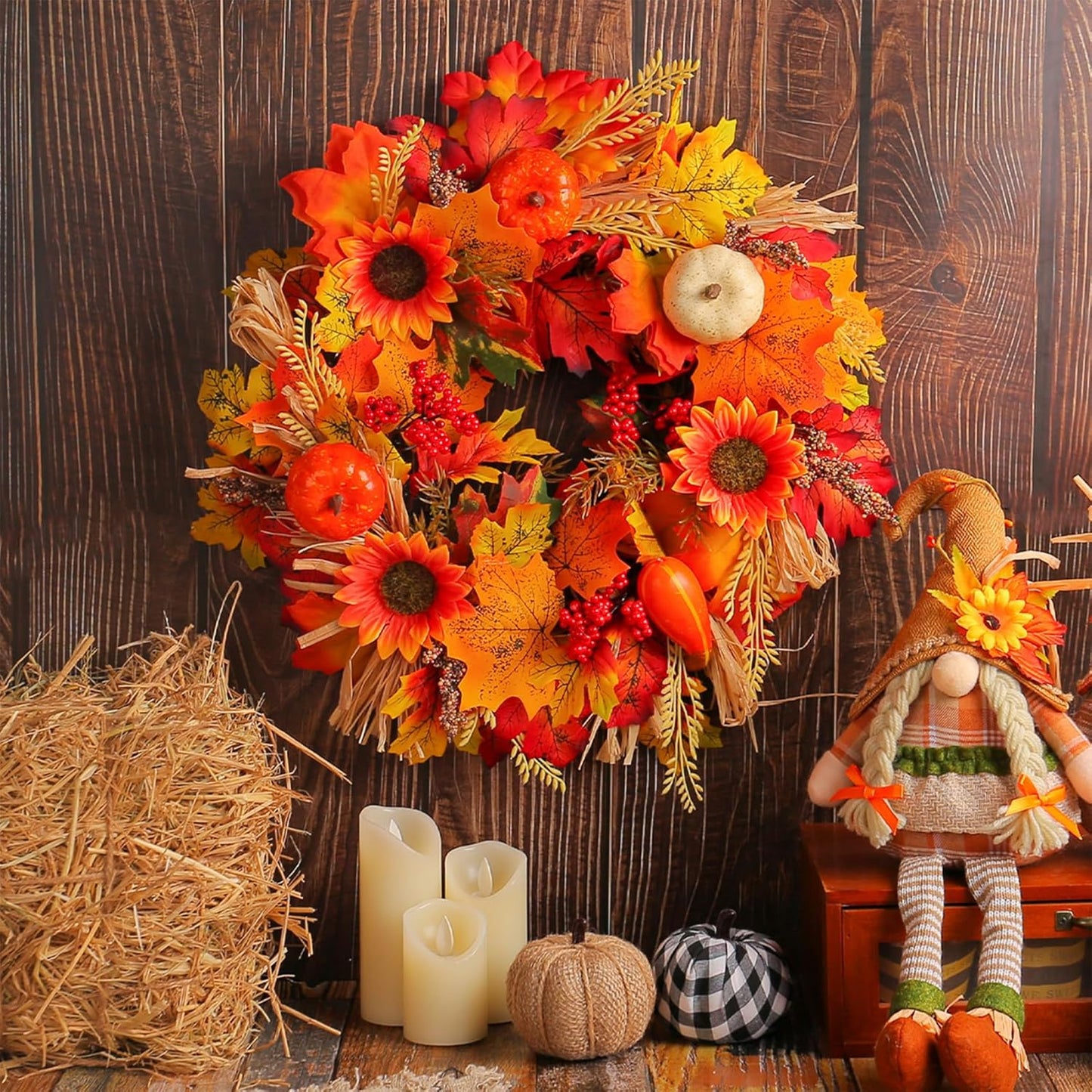 18Inch Fall Sunflower Wreaths, Fall Wreaths for Front Door, Artificial Pumpkins Wreaths, Fall Maple Leaves Wreaths, Artificial Autumn Harvest Wreath for Thanksgiving Day Indoor Outdoor Decorations