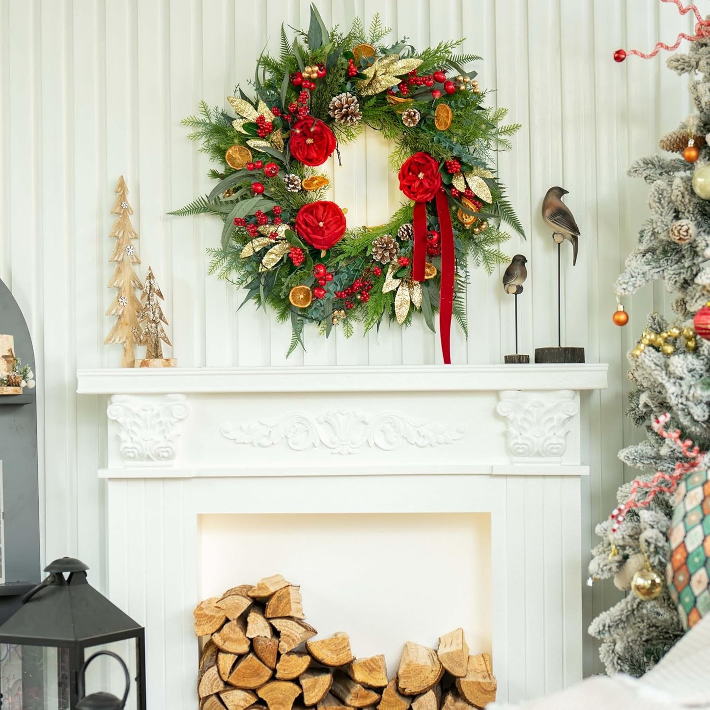 Christmas Wreaths for Front Door 24 Inch Outdoor Xmas Wreath Artificial Green Eucalyptus Olive Leaves Winter Door Wreath with Pine Cones,Peony Flowers and Red Berries- Holiday Wreath Decor