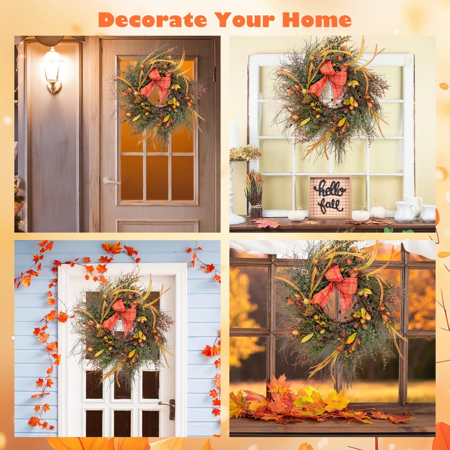 24 Inch Fall Front Foor Wreath, Orange Berries Leaves Grapevine Wreath for Farmhouse Window Hanging Home Decor