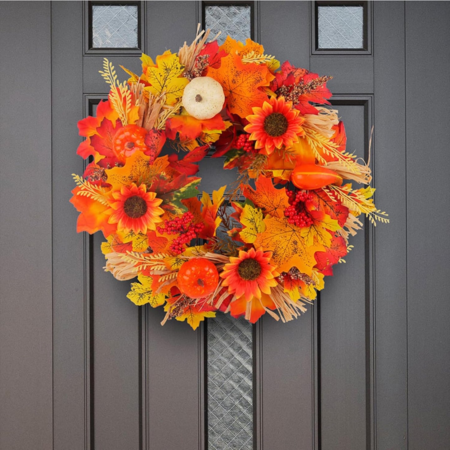 18Inch Fall Sunflower Wreaths, Fall Wreaths for Front Door, Artificial Pumpkins Wreaths, Fall Maple Leaves Wreaths, Artificial Autumn Harvest Wreath for Thanksgiving Day Indoor Outdoor Decorations