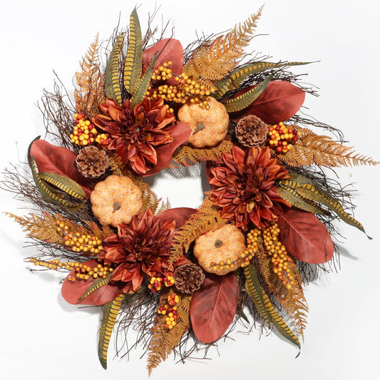 Fall Wreaths for Front Door - 24 Inch Outdoor Fall Wreath with Pumpkin, Dahlia, Magnolia Leaves, Fern - Large Autumn Wreath for Outside, Thanksgiving Harvest Decorations, Home Porch Wall Decor