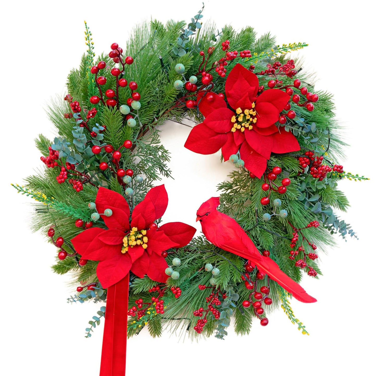 Christmas Wreaths for Front Door 24 Inch Christmas Door Wreath Outdoor Winter Wreath with Red Flowers and Cardinal,Green Evergreen Pine Needles Red Berries Wreath