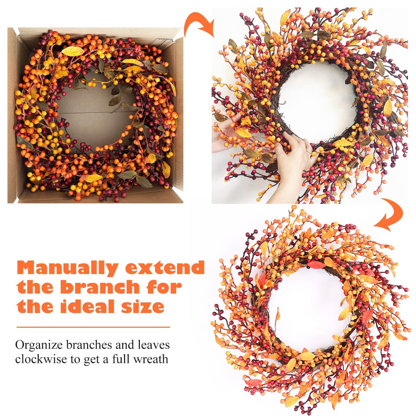 24 Inch Fall Front Foor Wreath, Orange Berries Leaves Grapevine Wreath for Farmhouse Window Hanging Home Decor