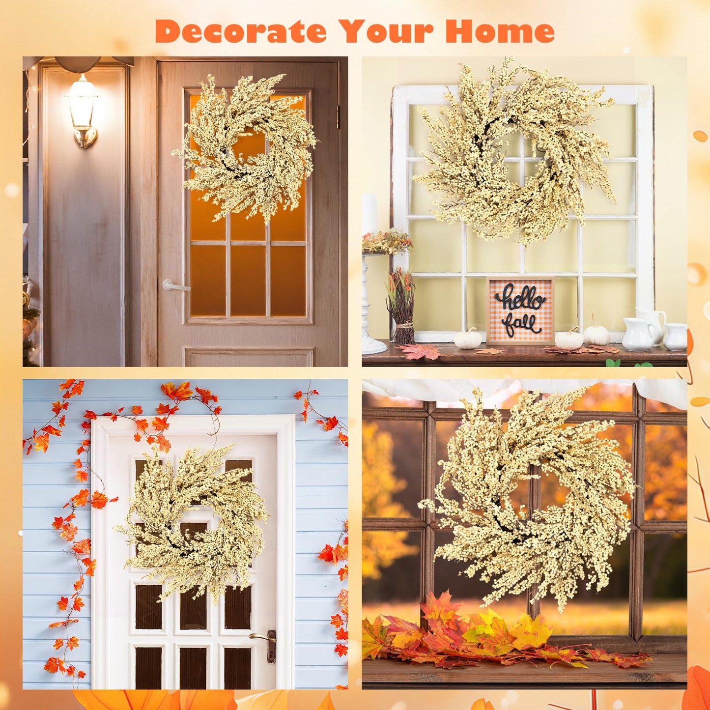 24 Inch Fall Front Foor Wreath, Orange Berries Leaves Grapevine Wreath for Farmhouse Window Hanging Home Decor