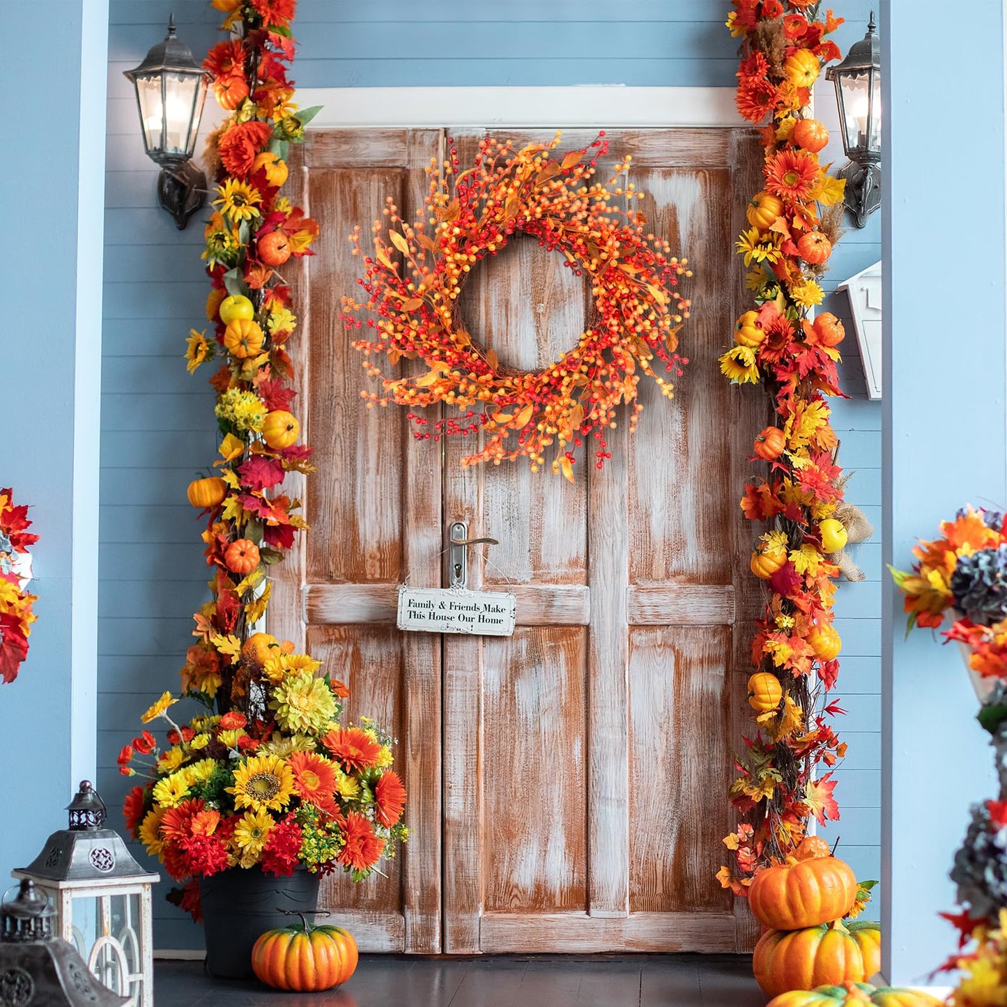 24 Inch Fall Front Foor Wreath, Orange Berries Leaves Grapevine Wreath for Farmhouse Window Hanging Home Decor