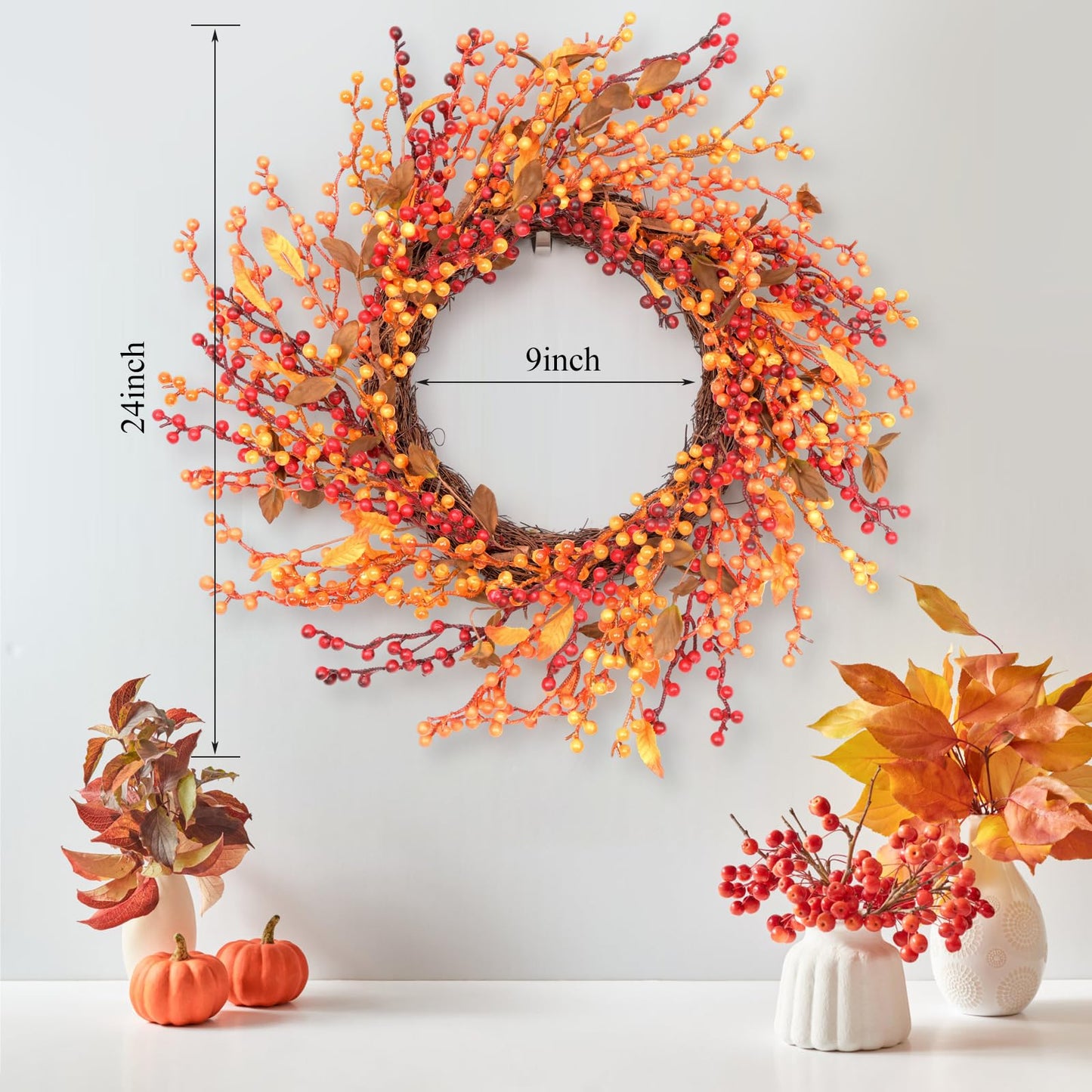 24 Inch Fall Front Foor Wreath, Orange Berries Leaves Grapevine Wreath for Farmhouse Window Hanging Home Decor