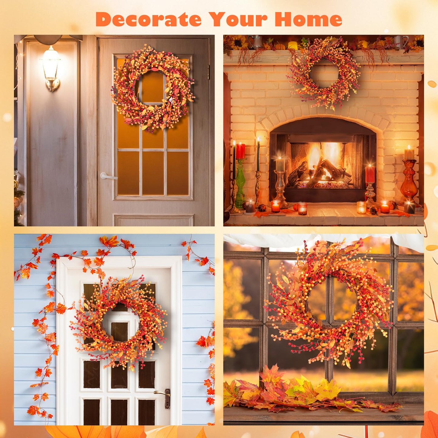 24 Inch Fall Front Foor Wreath, Orange Berries Leaves Grapevine Wreath for Farmhouse Window Hanging Home Decor