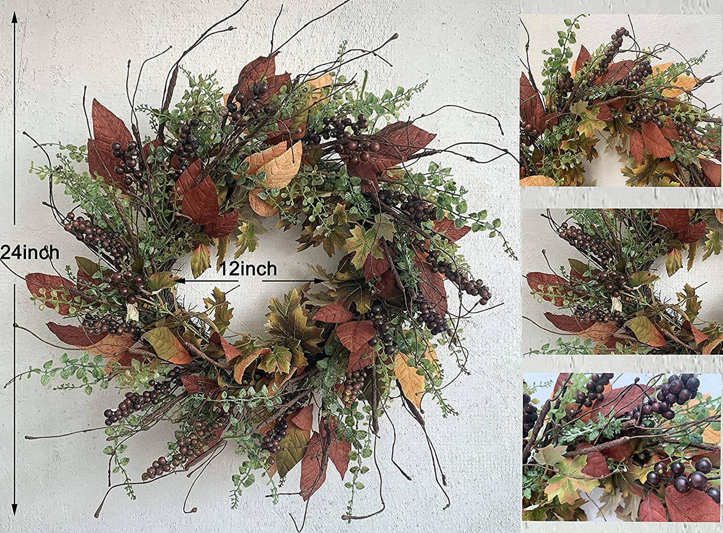 24 Inch Fall Front Foor Wreath, Orange Berries Leaves Grapevine Wreath for Farmhouse Window Hanging Home Decor