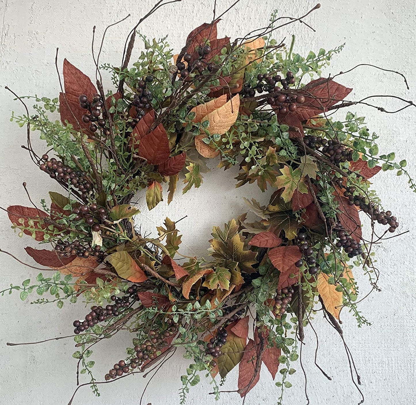 24 Inch Fall Front Foor Wreath, Orange Berries Leaves Grapevine Wreath for Farmhouse Window Hanging Home Decor