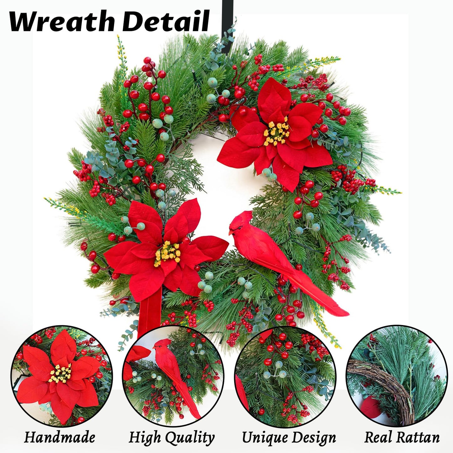 Christmas Wreaths for Front Door 24 Inch Christmas Door Wreath Outdoor Winter Wreath with Red Flowers and Cardinal,Green Evergreen Pine Needles Red Berries Wreath