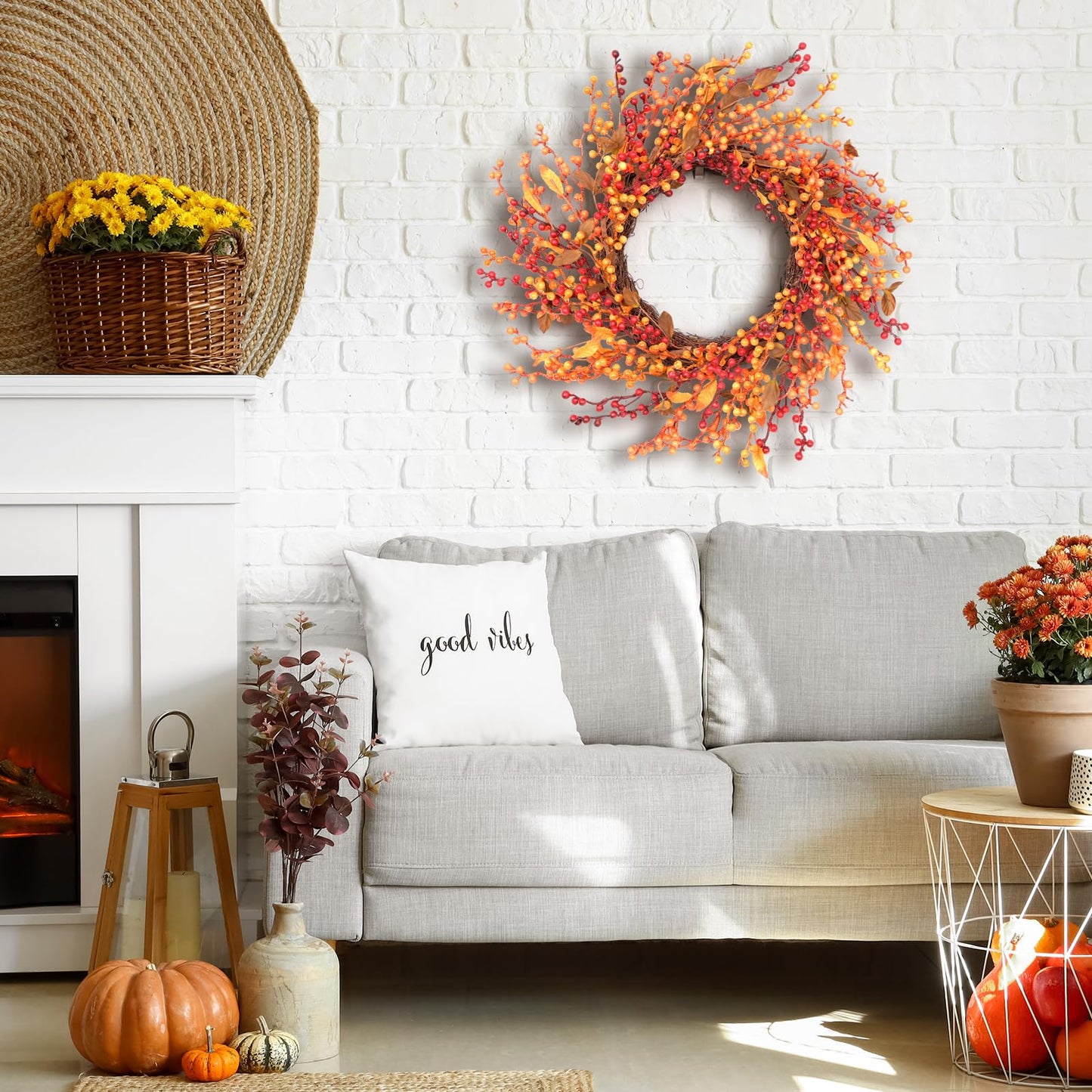 24 Inch Fall Front Foor Wreath, Orange Berries Leaves Grapevine Wreath for Farmhouse Window Hanging Home Decor