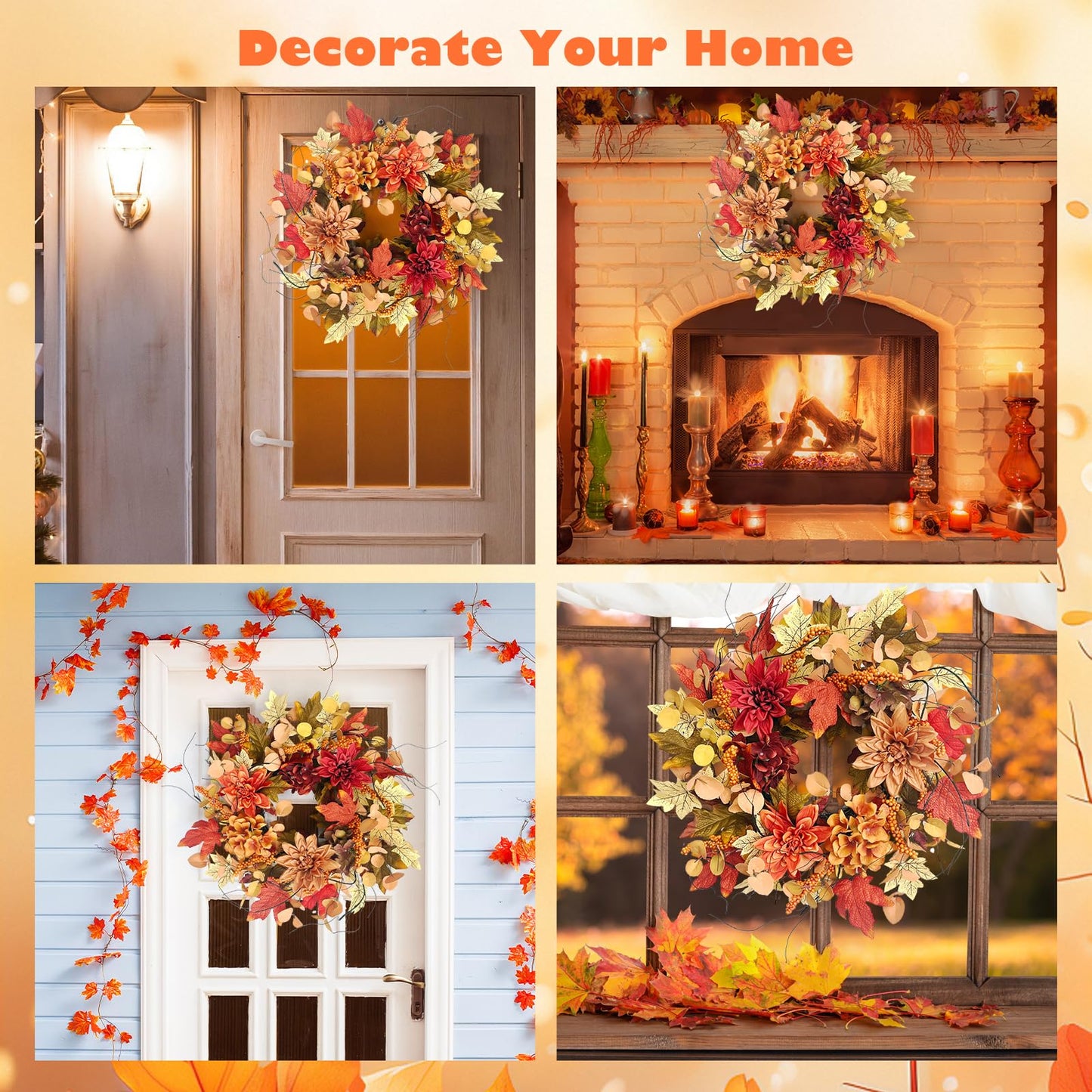 24 Inch Fall Front Foor Wreath, Orange Berries Leaves Grapevine Wreath for Farmhouse Window Hanging Home Decor