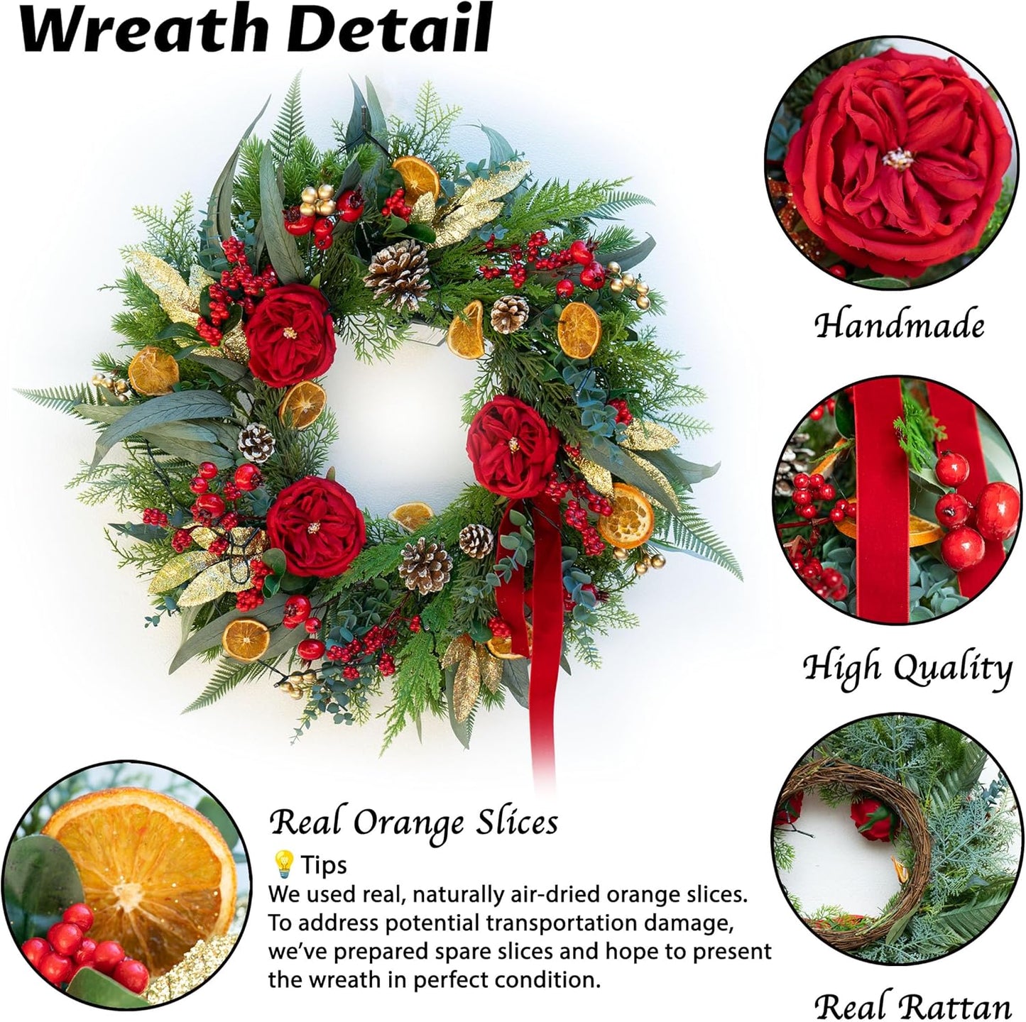 Christmas Wreaths for Front Door 24 Inch Outdoor Xmas Wreath Artificial Green Eucalyptus Olive Leaves Winter Door Wreath with Pine Cones,Peony Flowers and Red Berries- Holiday Wreath Decor