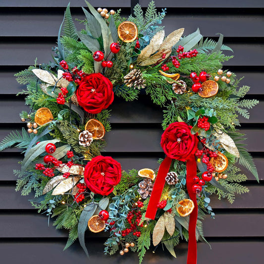 Christmas Wreaths for Front Door 24 Inch Outdoor Xmas Wreath Artificial Green Eucalyptus Olive Leaves Winter Door Wreath with Pine Cones,Peony Flowers and Red Berries- Holiday Wreath Decor