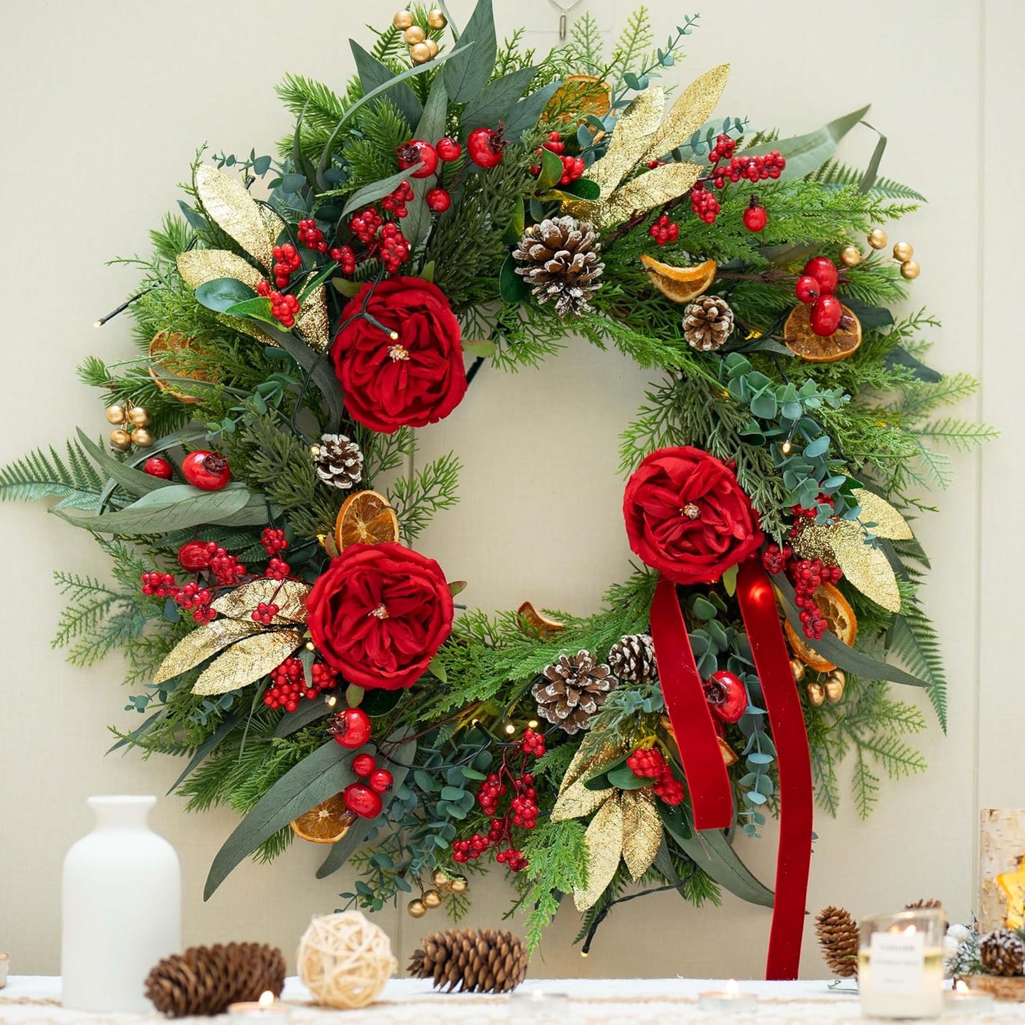 Christmas Wreaths for Front Door 24 Inch Outdoor Xmas Wreath Artificial Green Eucalyptus Olive Leaves Winter Door Wreath with Pine Cones,Peony Flowers and Red Berries- Holiday Wreath Decor