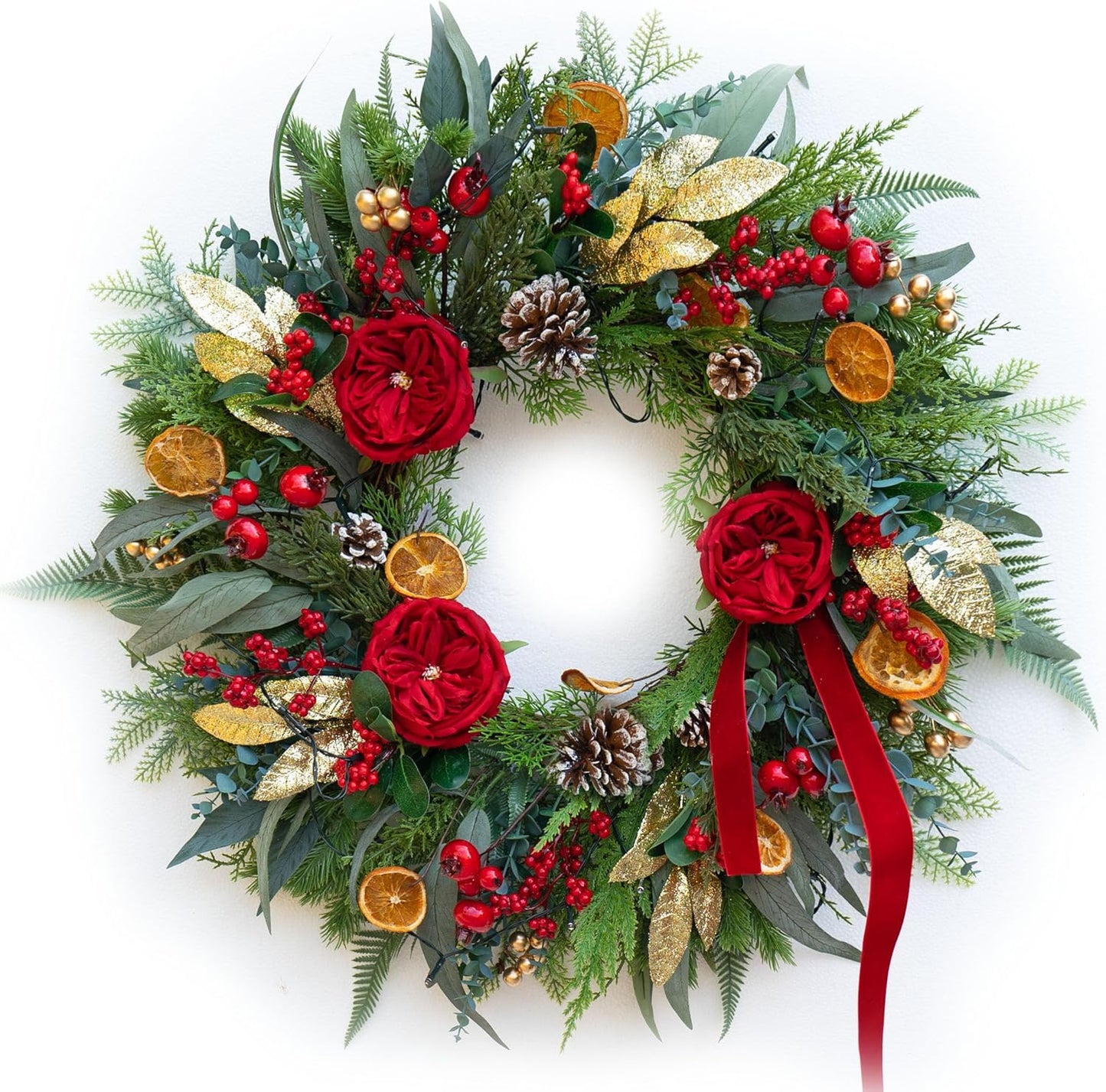 Christmas Wreaths for Front Door 24 Inch Outdoor Xmas Wreath Artificial Green Eucalyptus Olive Leaves Winter Door Wreath with Pine Cones,Peony Flowers and Red Berries- Holiday Wreath Decor