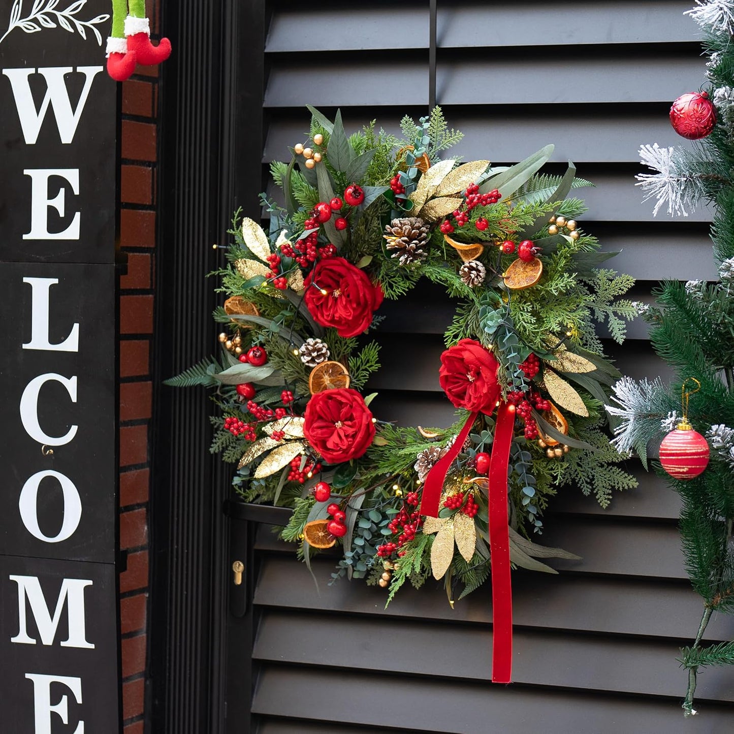 Christmas Wreaths for Front Door 24 Inch Outdoor Xmas Wreath Artificial Green Eucalyptus Olive Leaves Winter Door Wreath with Pine Cones,Peony Flowers and Red Berries- Holiday Wreath Decor