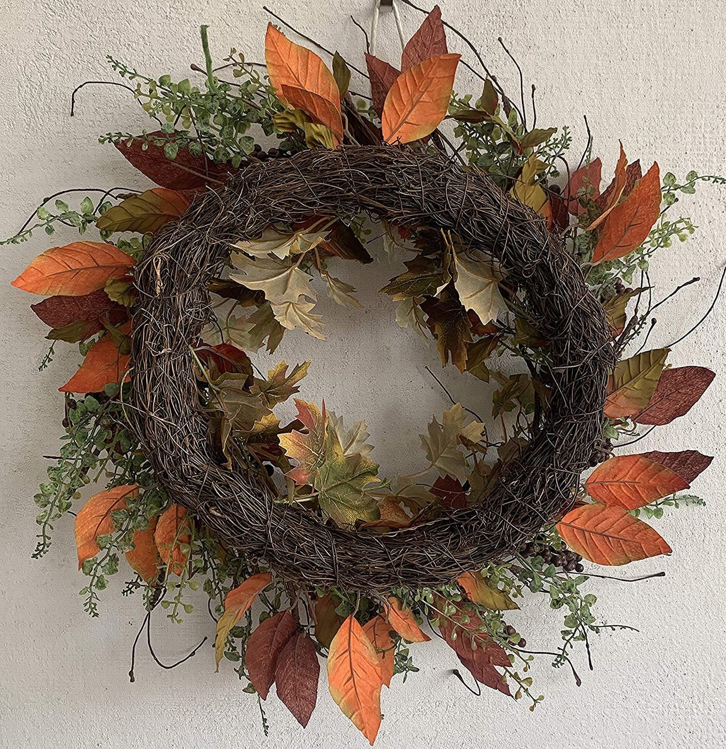 24 Inch Fall Front Foor Wreath, Orange Berries Leaves Grapevine Wreath for Farmhouse Window Hanging Home Decor