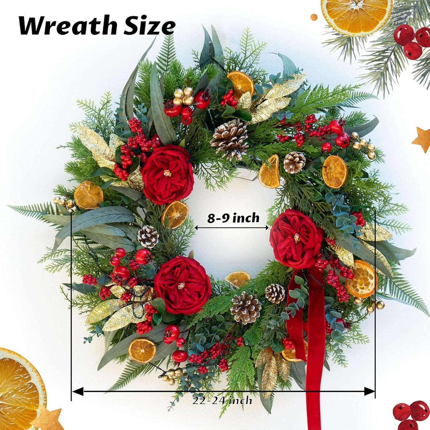 Christmas Wreaths for Front Door 24 Inch Outdoor Xmas Wreath Artificial Green Eucalyptus Olive Leaves Winter Door Wreath with Pine Cones,Peony Flowers and Red Berries- Holiday Wreath Decor